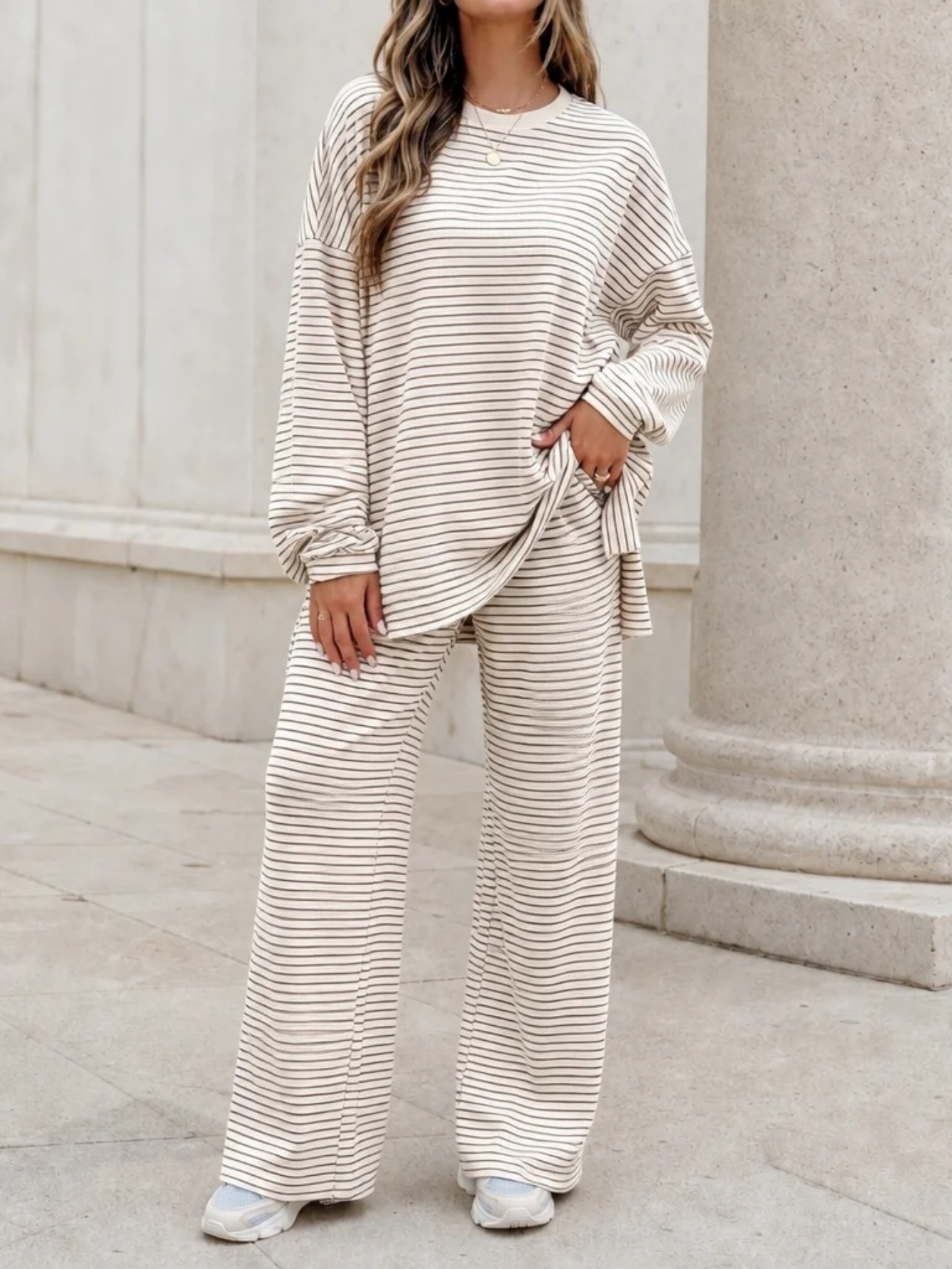 🤍 Women’s Casual Striped Two-Piece Set Long Sleeve Top & Wide Leg Pants Loungewear