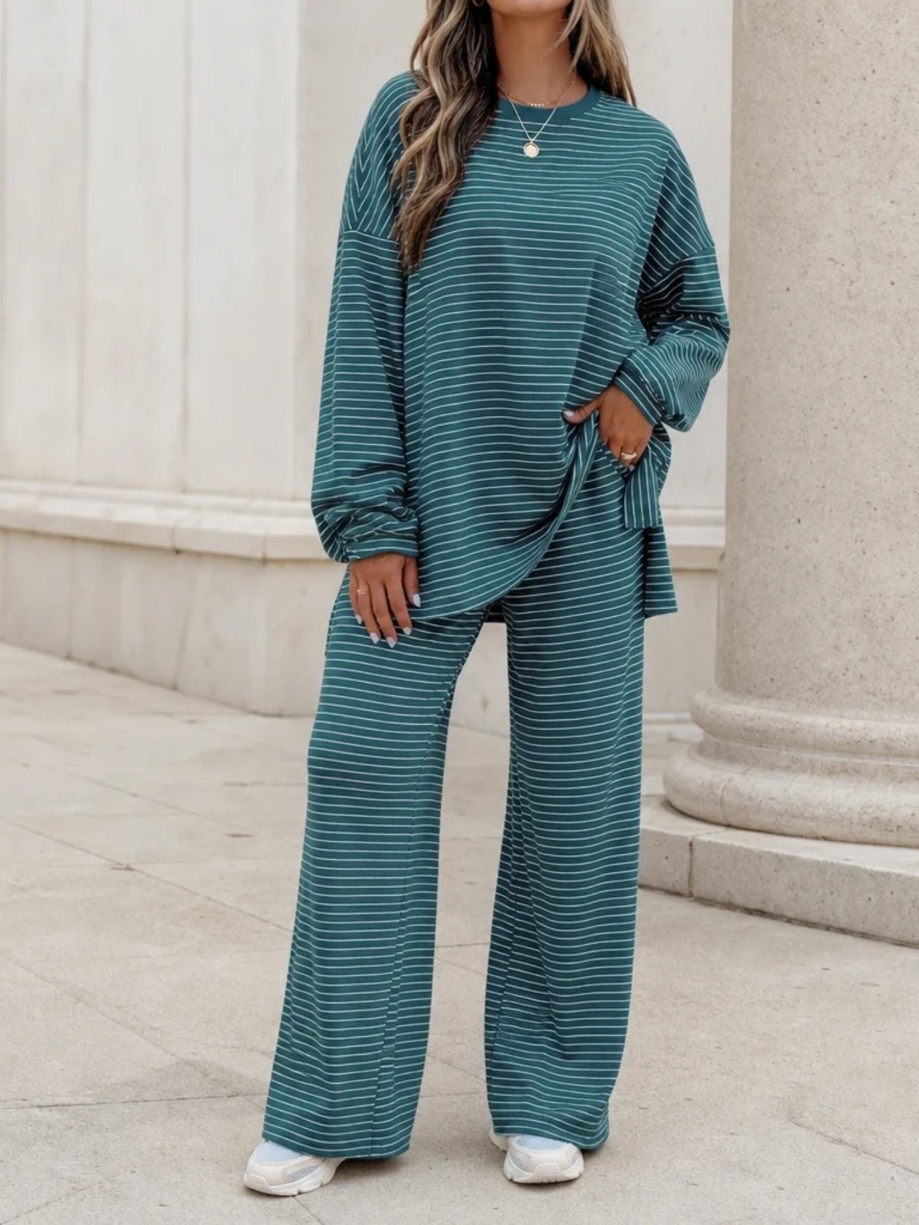 🤍 Women’s Casual Striped Two-Piece Set Long Sleeve Top & Wide Leg Pants Loungewear