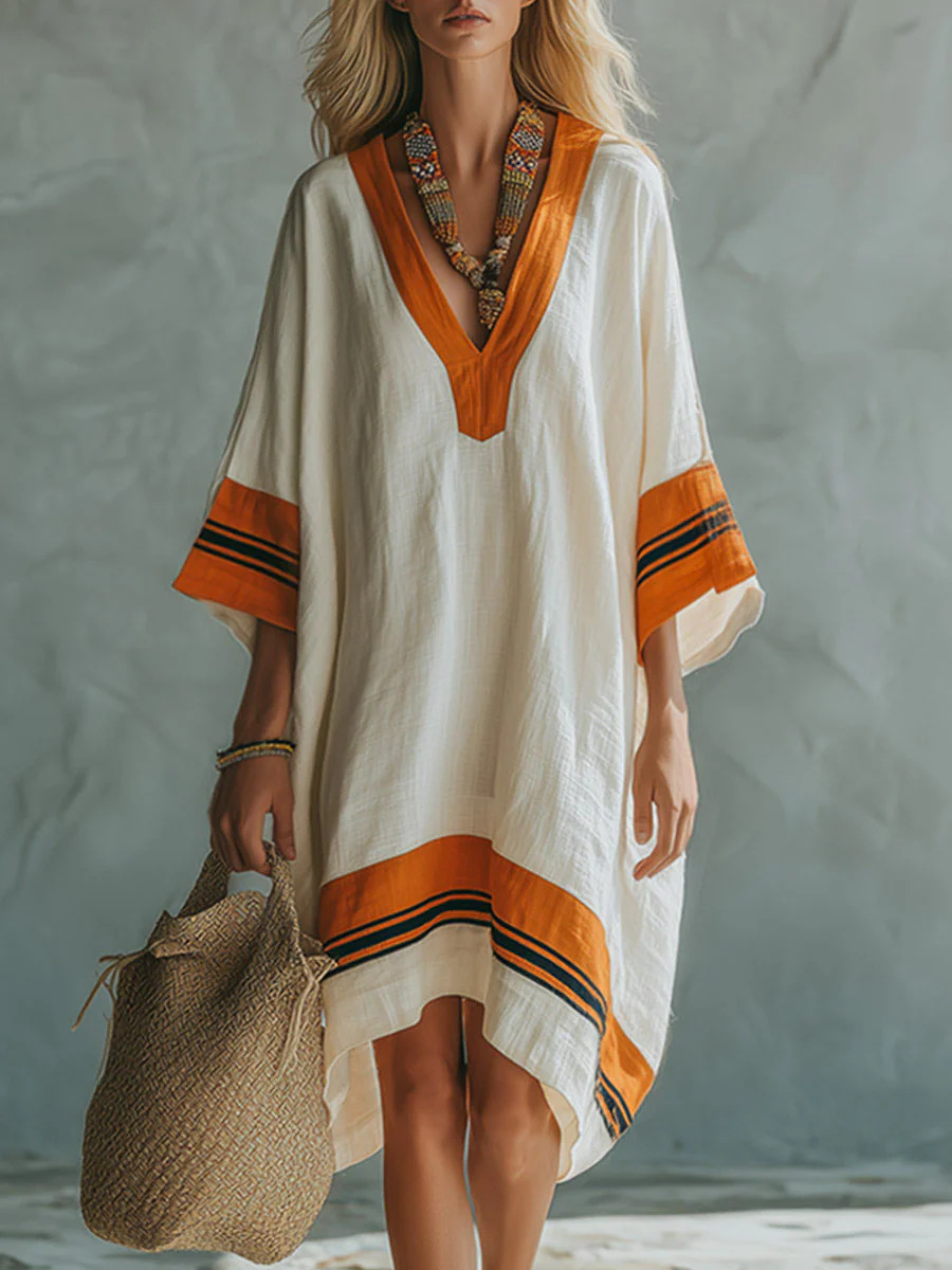 Summer Loose Large Size Vacation Style V-Neck Cotton And Linen Contrast Striped Beach Cover-Up Loose Slim Dress For Women