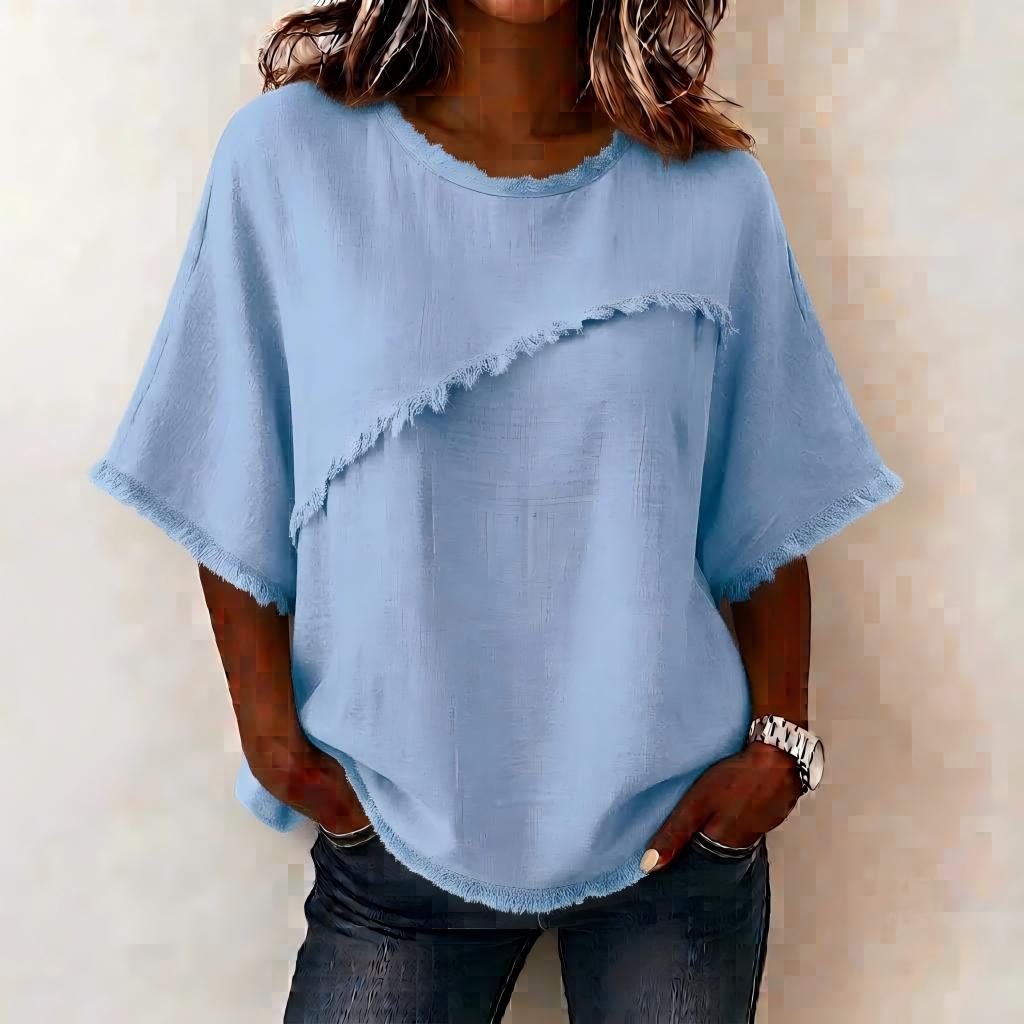 Women's Casual Linen Blend Blouse with Asymmetric Fringe Trim