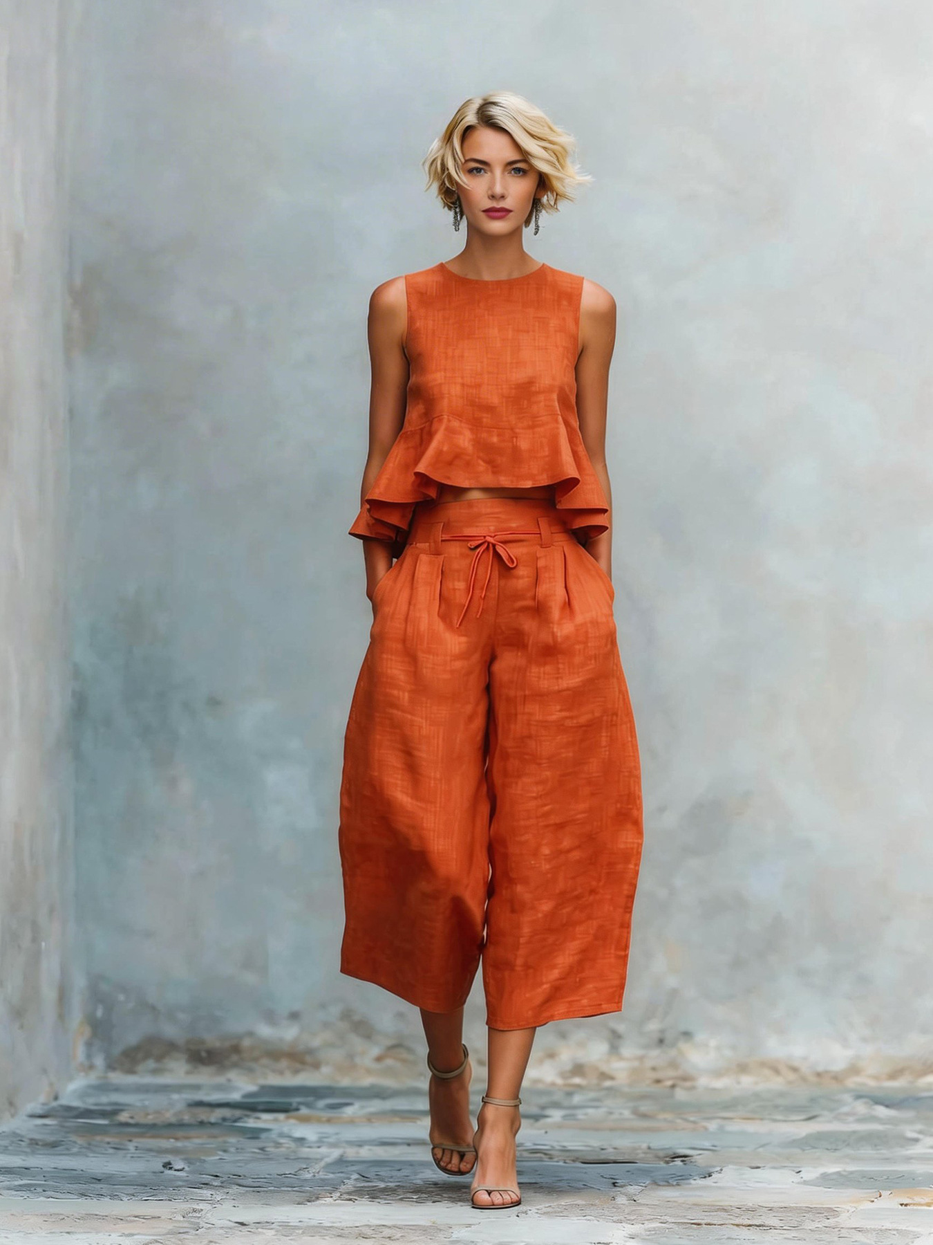 2026 Spot New European And American Cross-Border Summer Independent Station Women'S Linen Blended Two-Piece Set, Including Ruffles