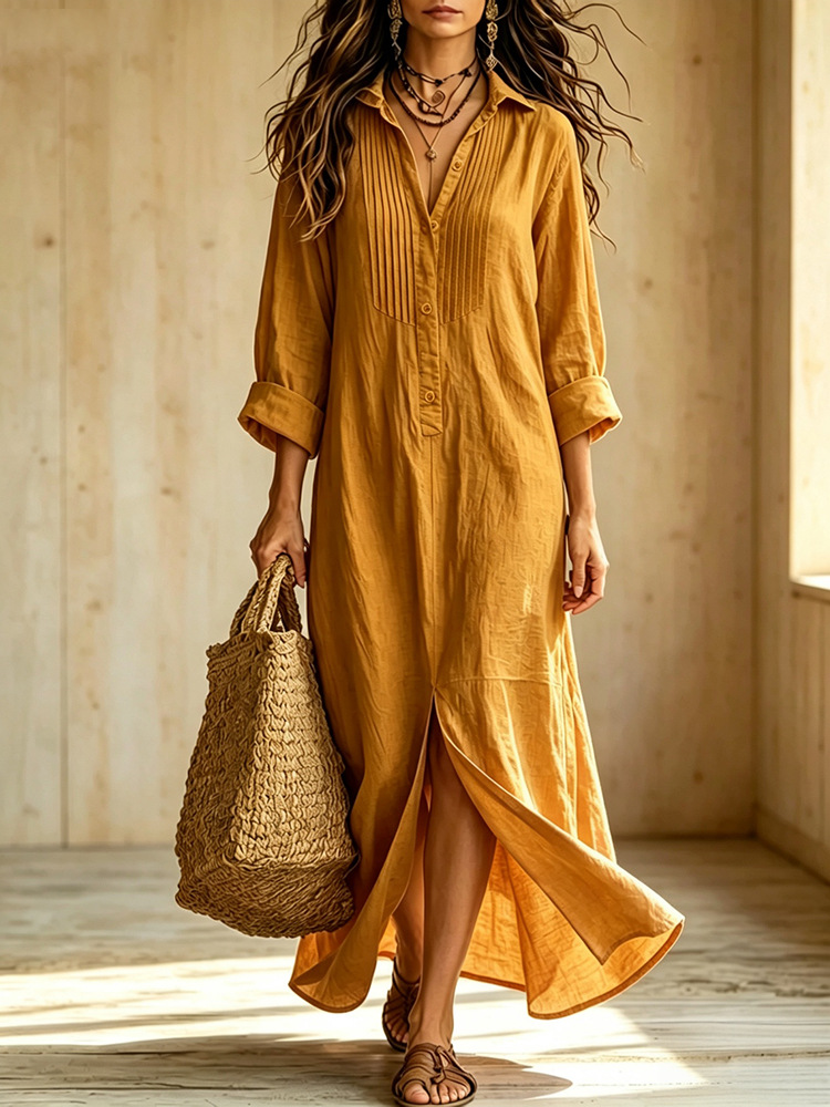 Effortless Chic: Women's Pure Cotton Pintuck Shirt Maxi Dress