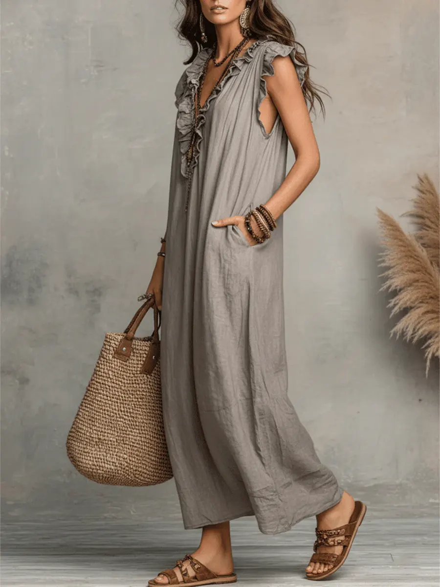 Women's Solid Color Ruffled Art Casual Fashion Cozy Cotton Linen Dress