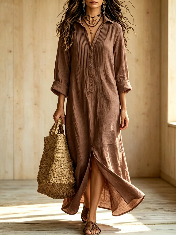 Effortless Chic: Women's Pure Cotton Pintuck Shirt Maxi Dress