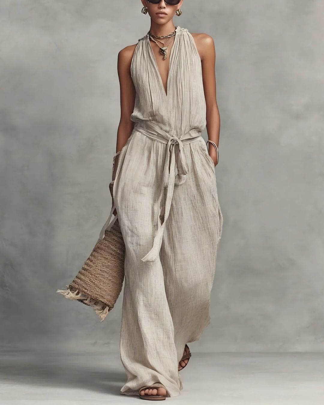Deep V Halter Jumpsuit Adjustable Tie Waist Wide Leg Boho Resort Outfit