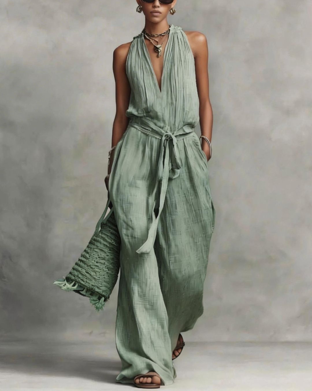 Deep V Halter Jumpsuit Adjustable Tie Waist Wide Leg Boho Resort Outfit