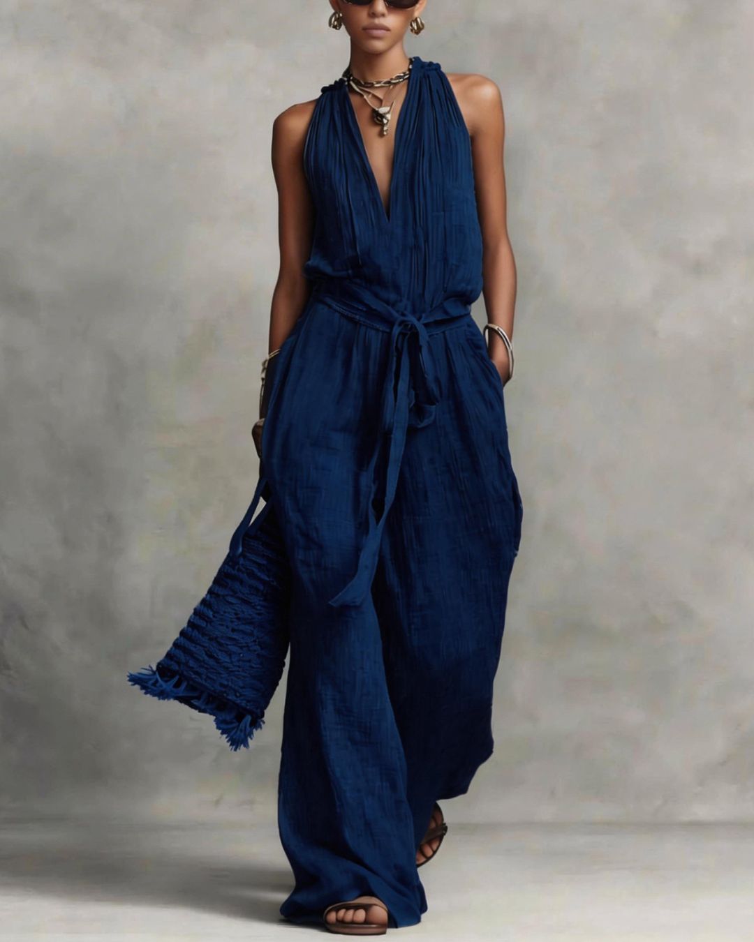 Deep V Halter Jumpsuit Adjustable Tie Waist Wide Leg Boho Resort Outfit