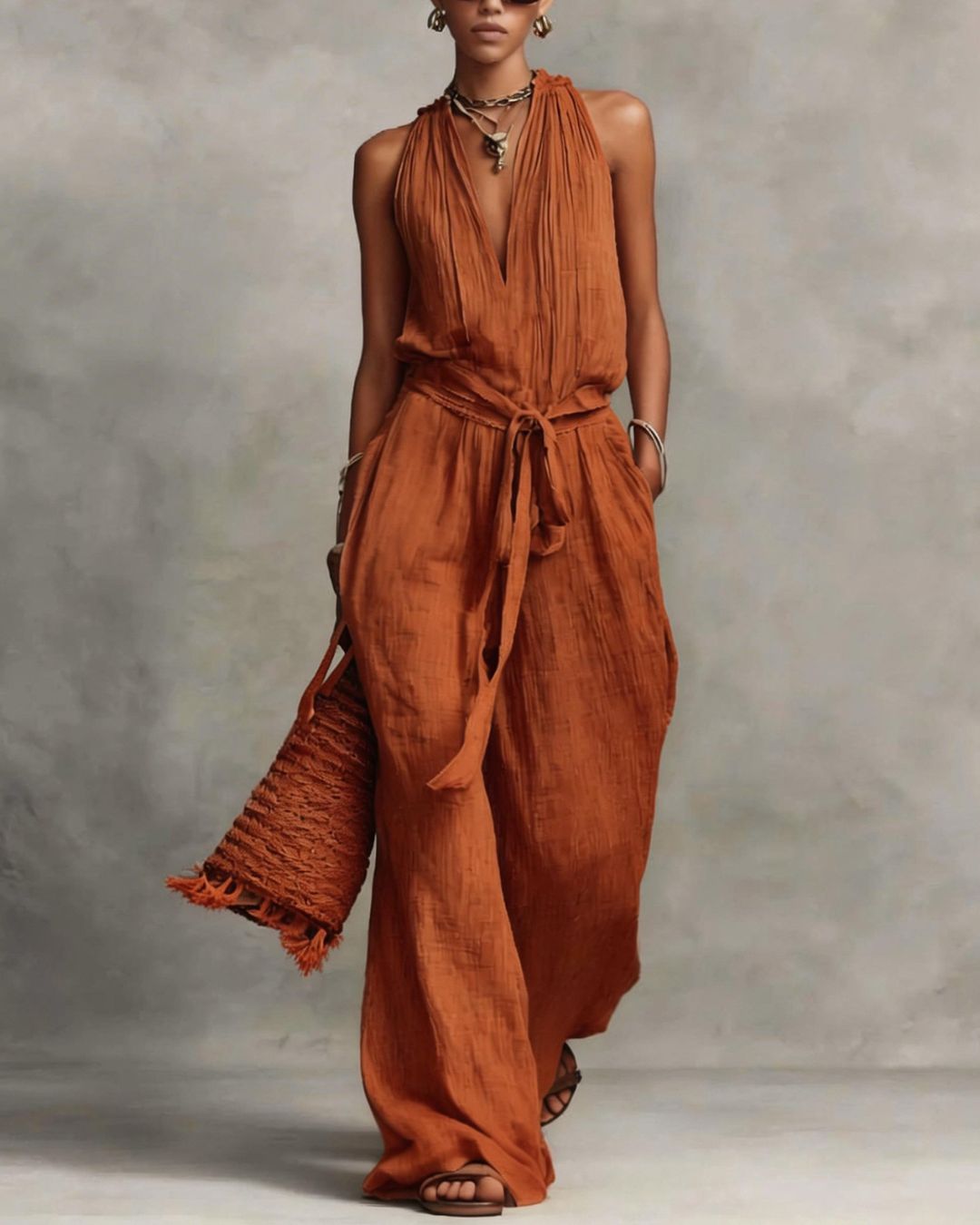 Deep V Halter Jumpsuit Adjustable Tie Waist Wide Leg Boho Resort Outfit