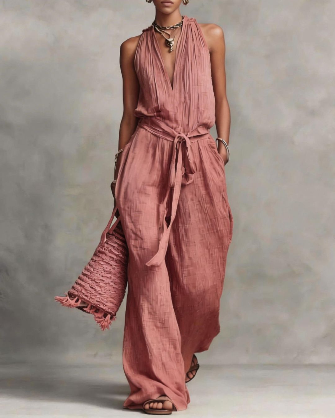 Deep V Halter Jumpsuit Adjustable Tie Waist Wide Leg Boho Resort Outfit