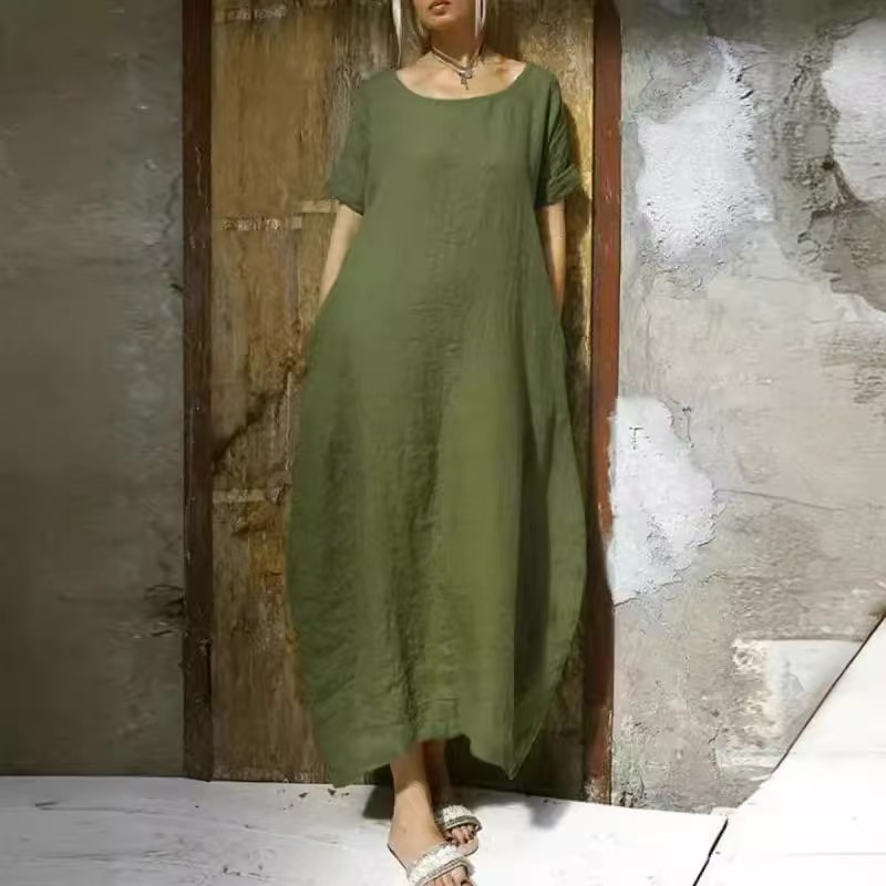 2026 Amazon Foreign Trade Cotton And Linen Women'S Loose Large Size Solid Color Round Neck Short-Sleeved Waist Belt Slit Dress