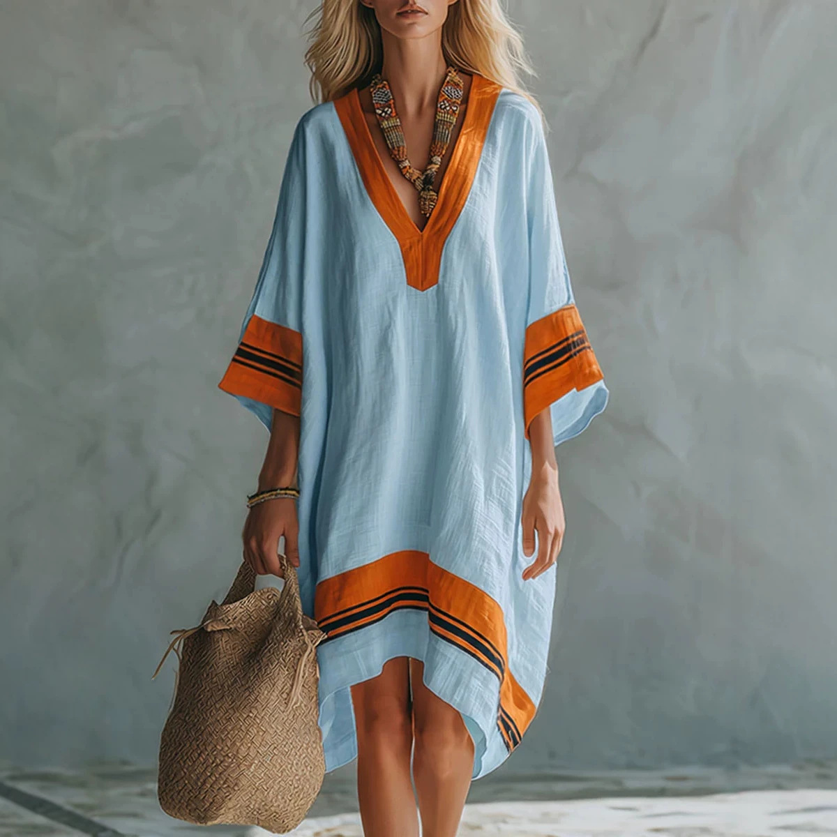 Summer Loose Large Size Vacation Style V-Neck Cotton And Linen Contrast Striped Beach Cover-Up Loose Slim Dress For Women