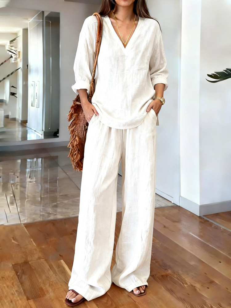 2026 New Casual V-neck Pullover Long-sleeved Trousers Washed Cotton Multi-color Women's Suit