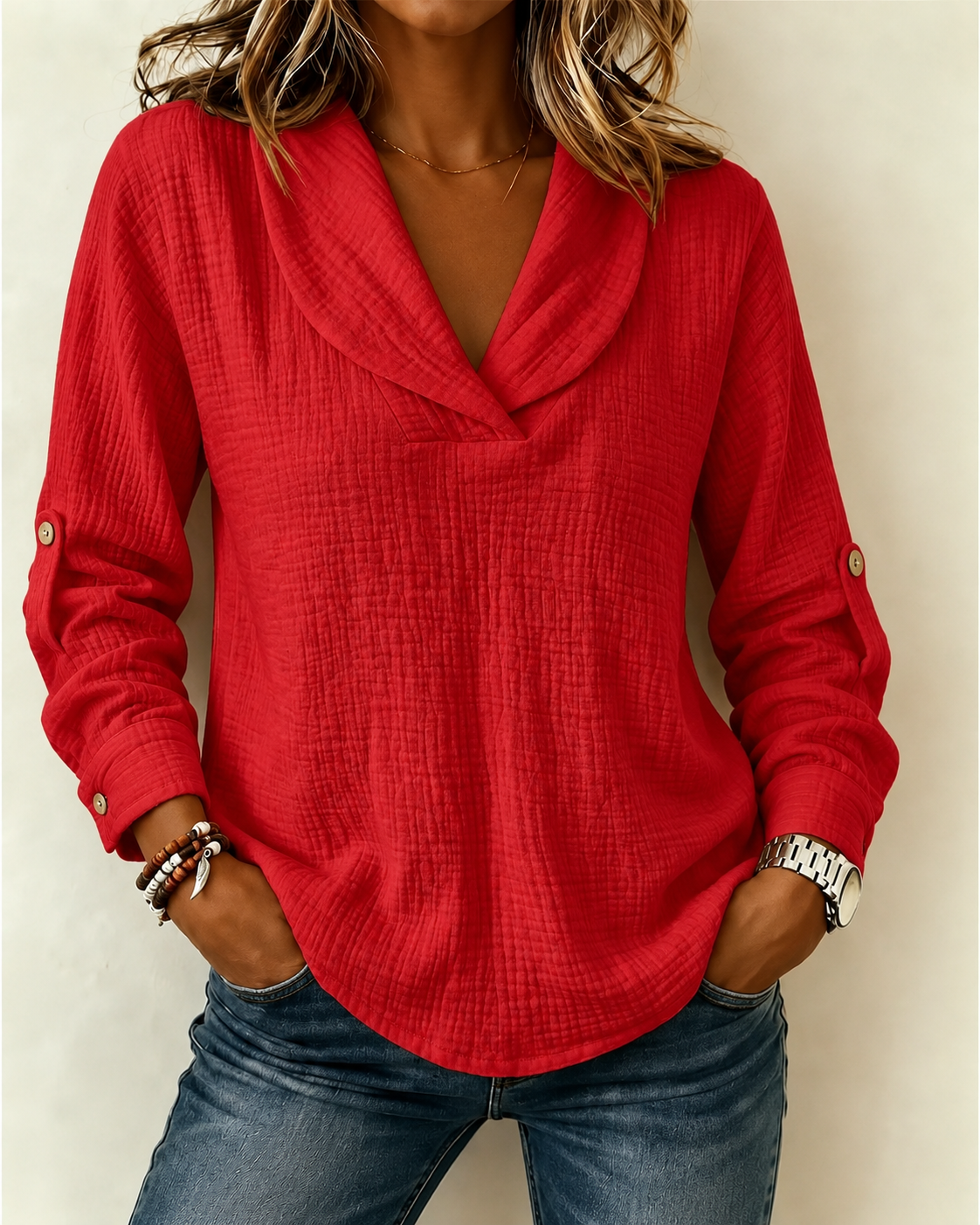 New Arrivals🔥 Women's Peter Pan Collar V-neck Long-sleeve Cotton-linen Top