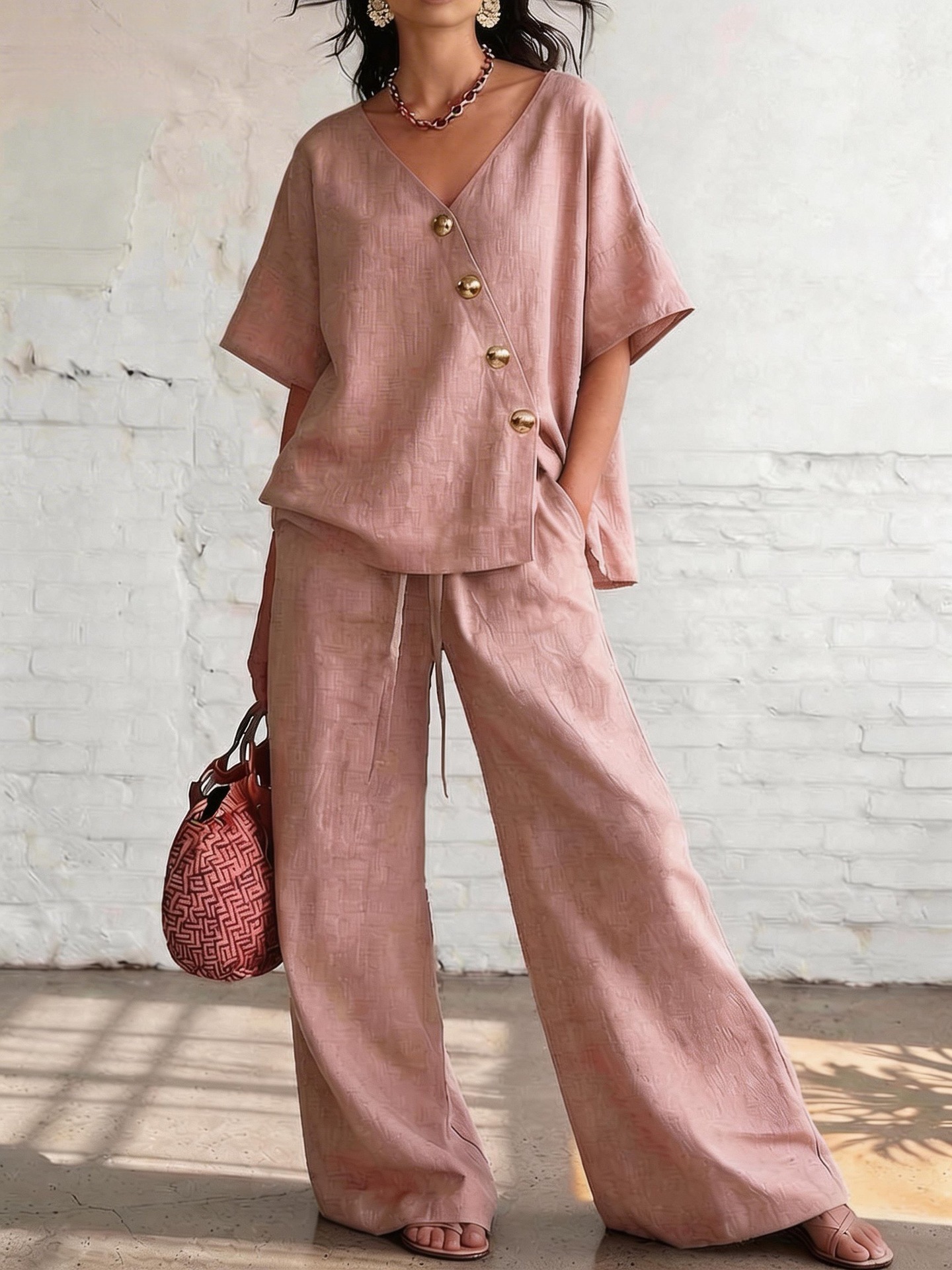 2026 New European And American Independent Station Summer Leisure Vacation Loose Cotton And Linen V-Neck Wide-Leg Pants Two-Piece Set