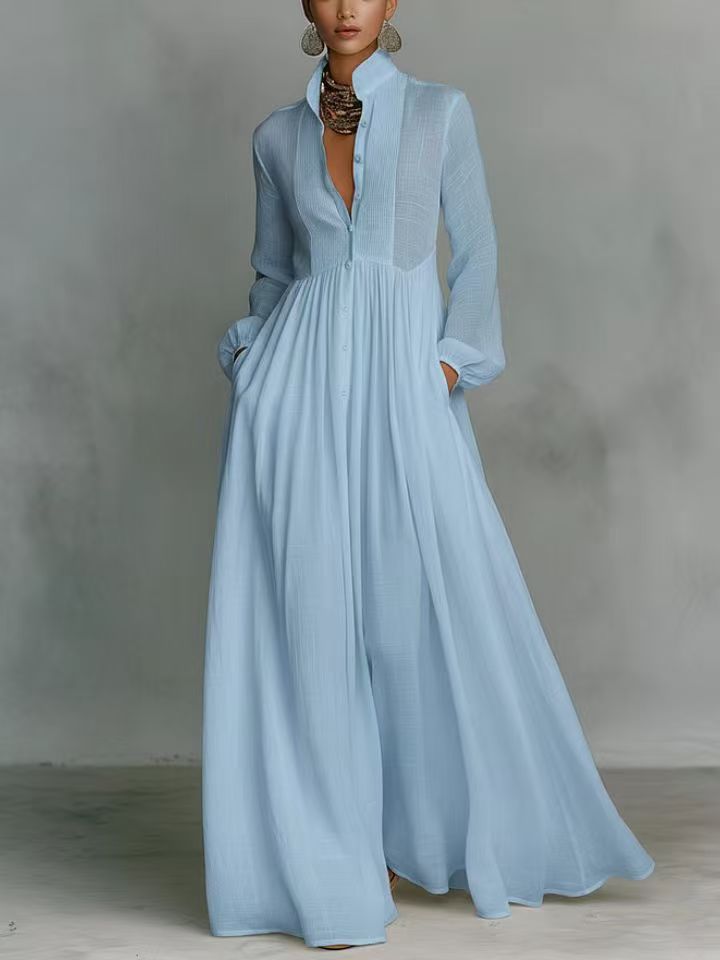 Veronica | Cotton Linen Maxi Dress with High Collar