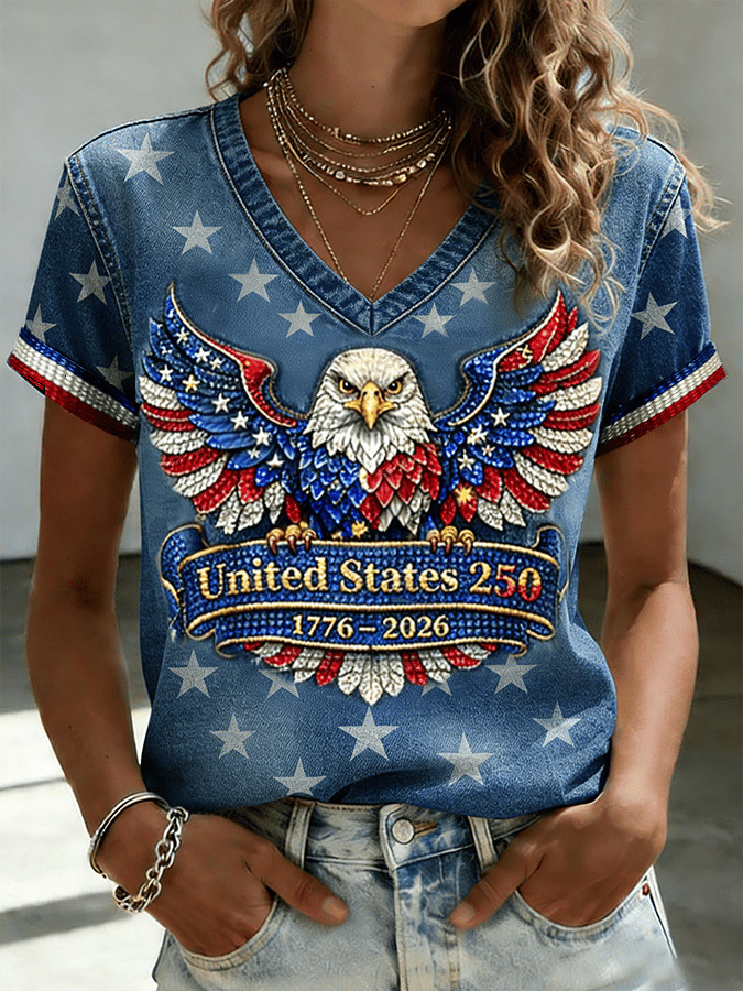 Women's Printed Casual V-Neck T-Shirt - Anniversary Limited Edition