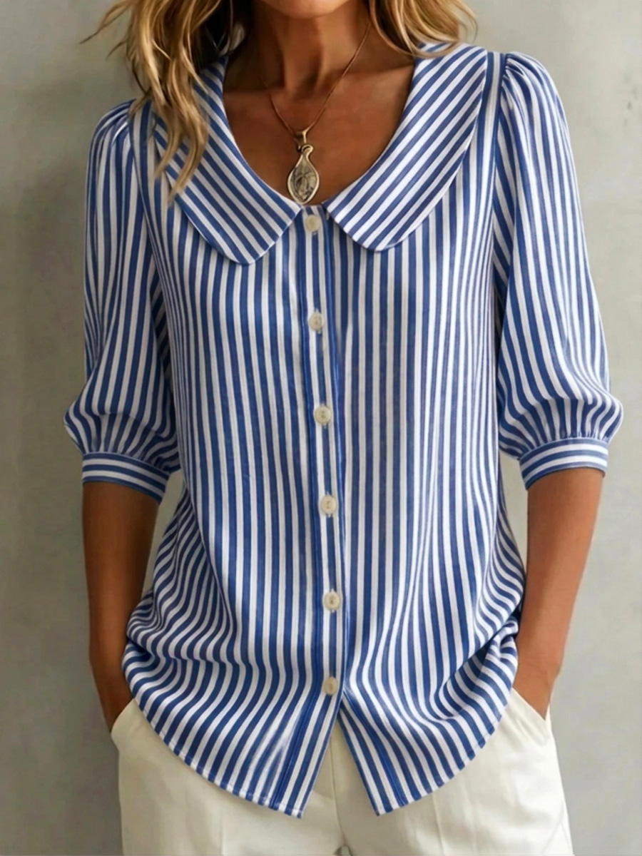 New Arrivals🔥 Women's Retro Peter Pan Collar Striped Cotton Linen Shirt