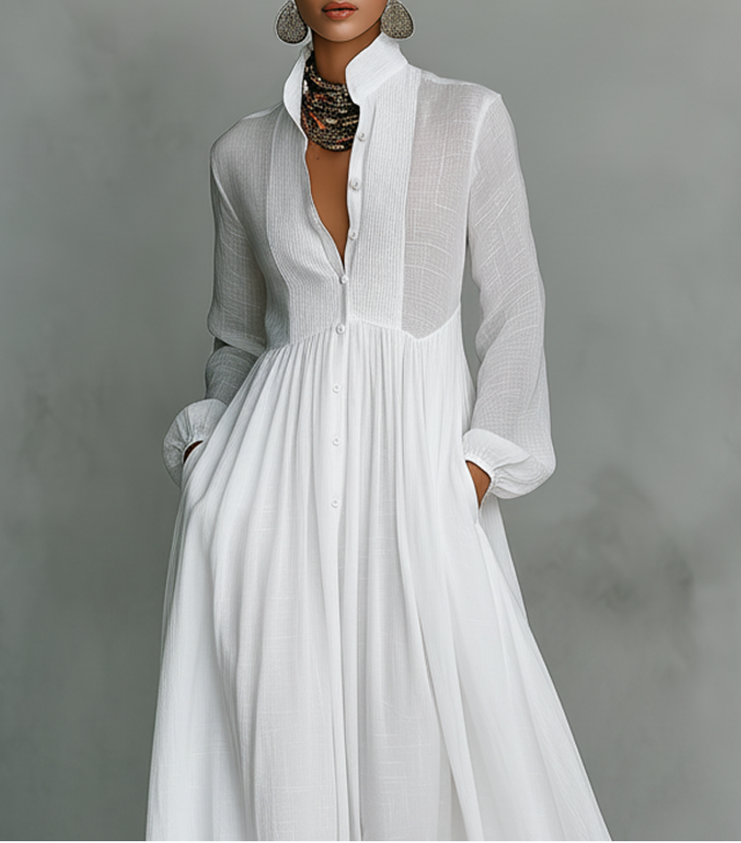 Veronica | Cotton Linen Maxi Dress with High Collar