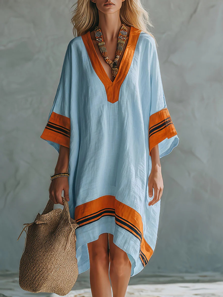 Summer Loose Large Size Vacation Style V-Neck Cotton And Linen Contrast Striped Beach Cover-Up Loose Slim Dress For Women