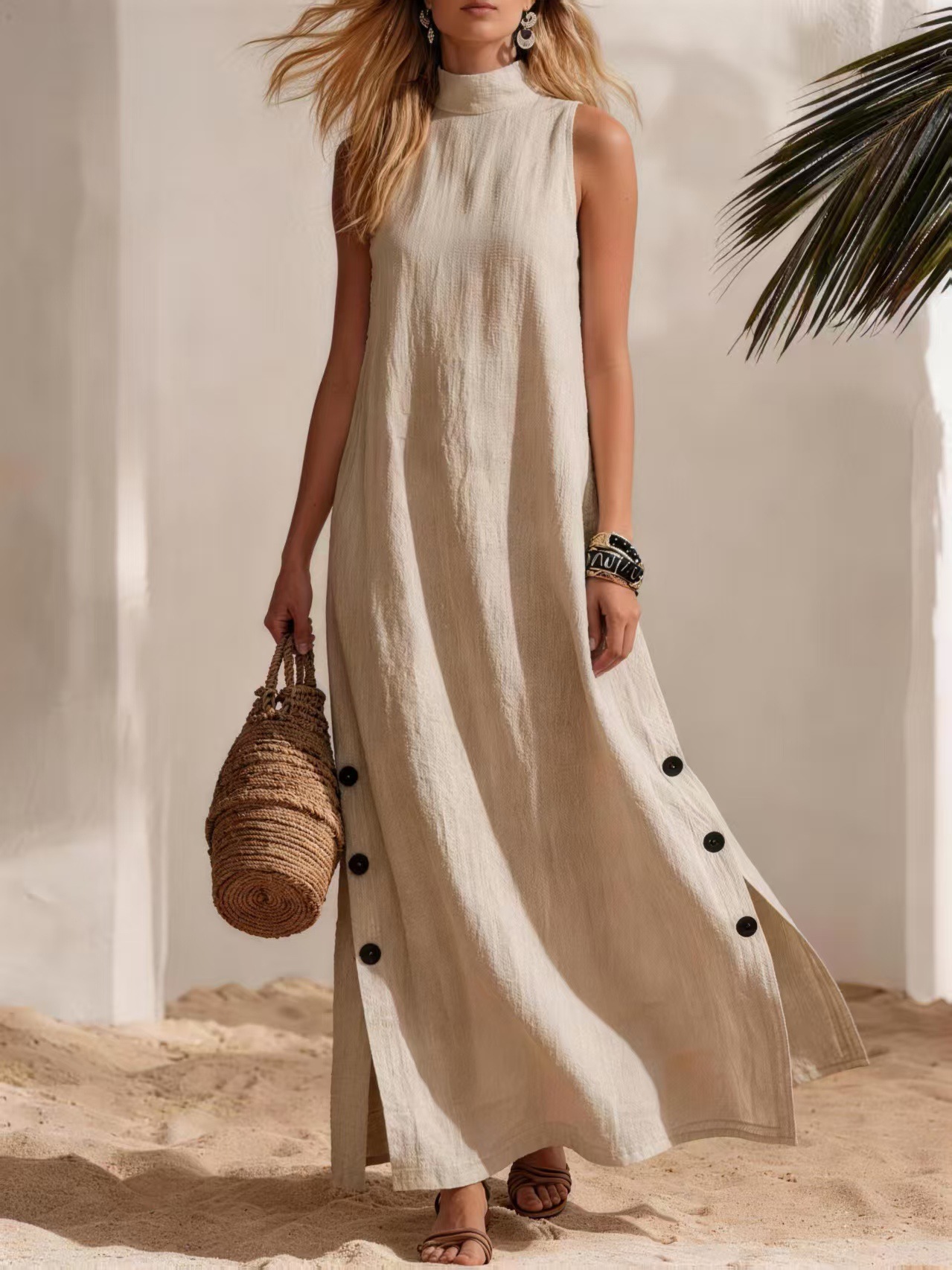 New Arrivals🔥 Women'S Seaside Resort Style Casual Solid Color Cotton And Linen Sleeveless Side Slit Mid-Length Jumpsuit