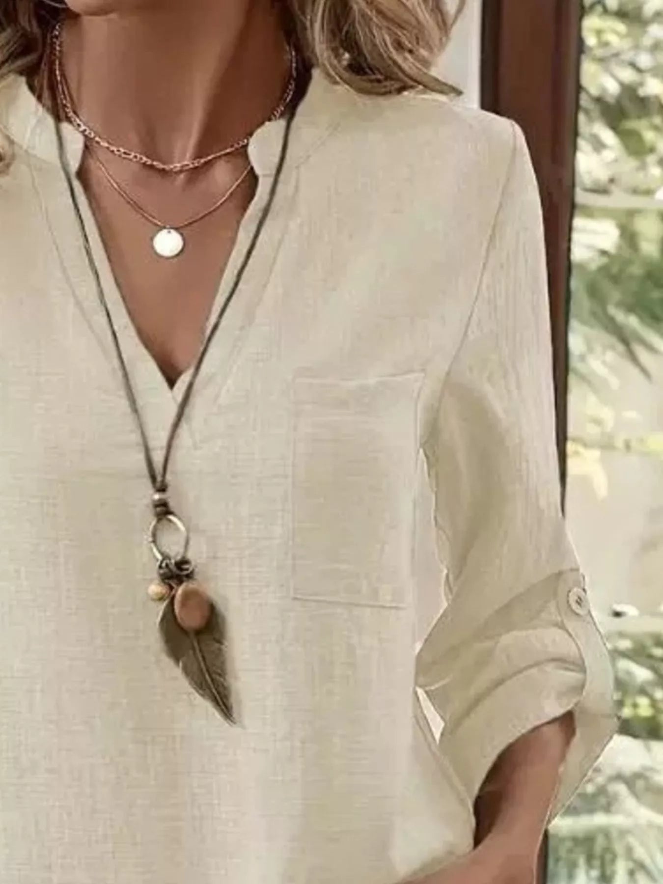 Roll-Up Sleeve Notched Blouse