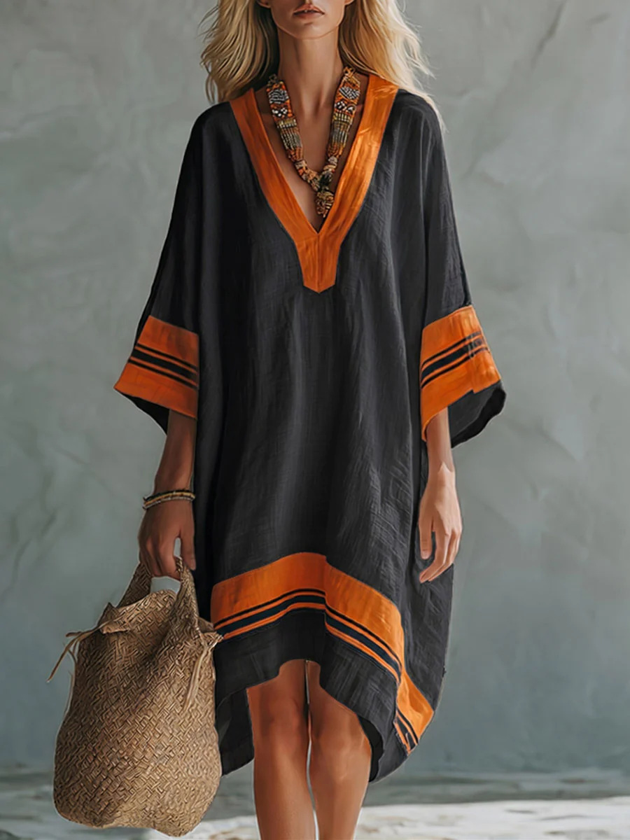 Summer Loose Large Size Vacation Style V-Neck Cotton And Linen Contrast Striped Beach Cover-Up Loose Slim Dress For Women