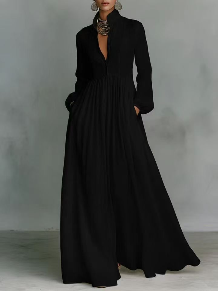 Veronica | Cotton Linen Maxi Dress with High Collar