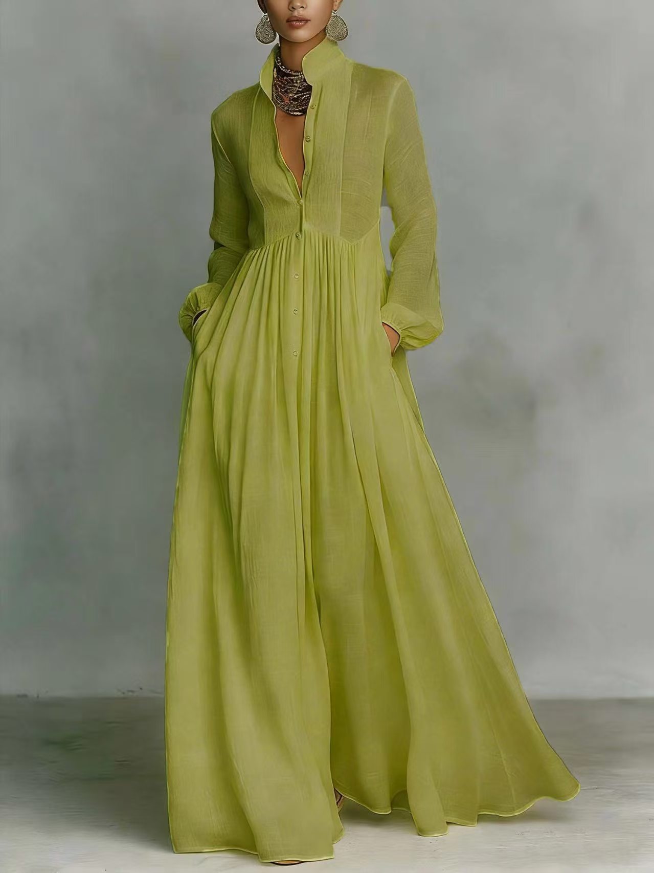 Veronica | Cotton Linen Maxi Dress with High Collar