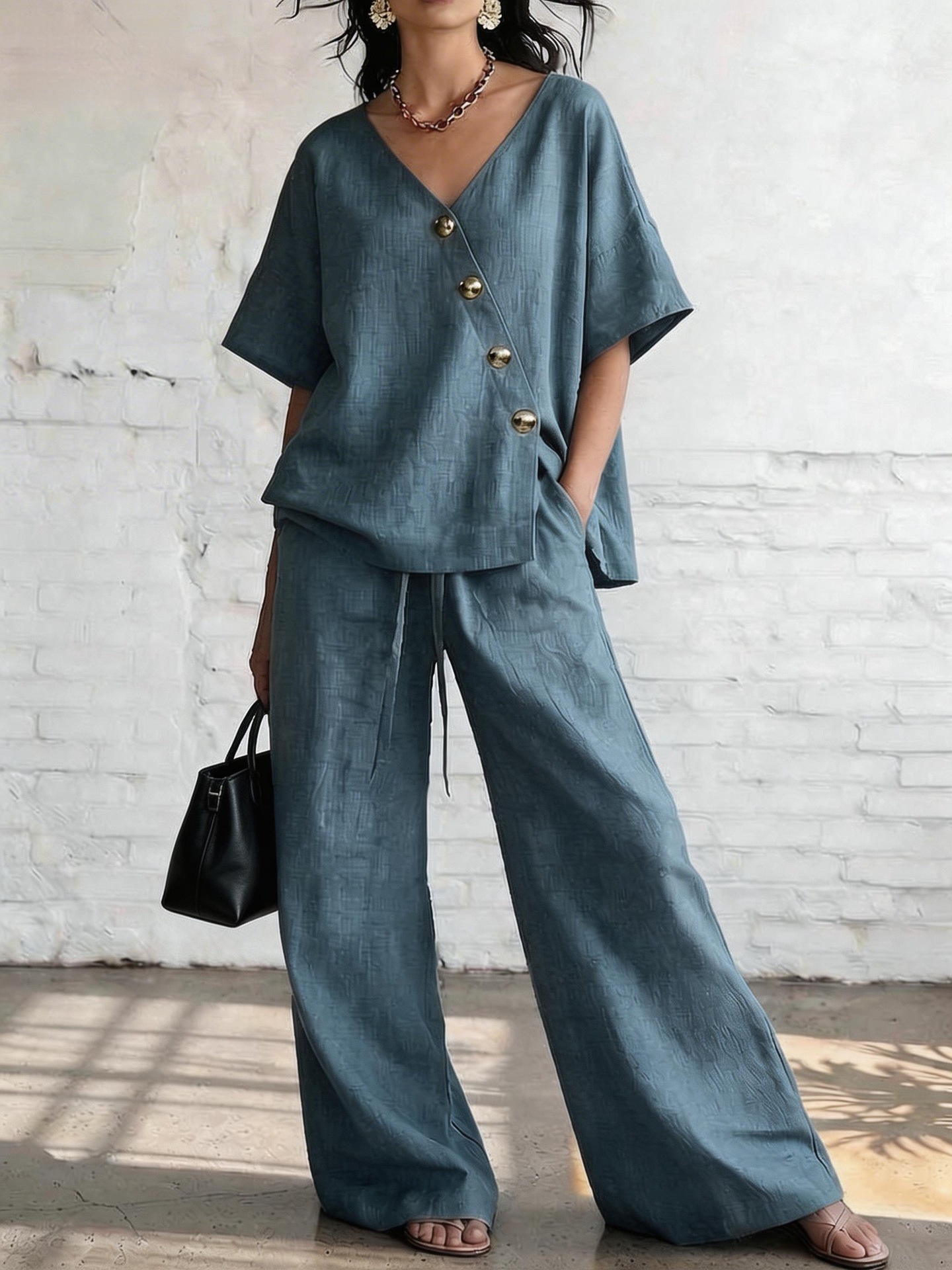 2026 New European And American Independent Station Summer Leisure Vacation Loose Cotton And Linen V-Neck Wide-Leg Pants Two-Piece Set