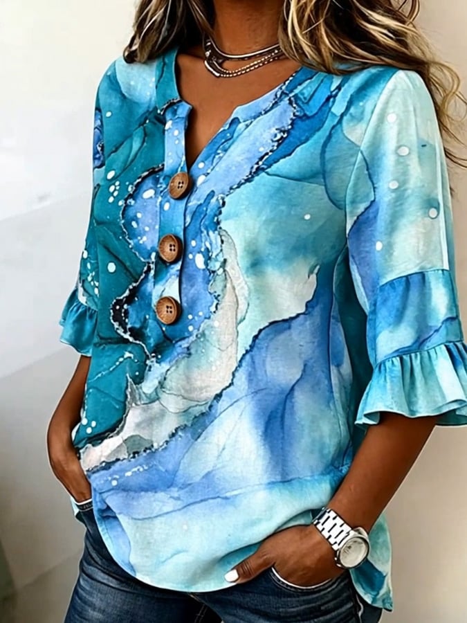 Women'S Casual Printed Top With Ruffle Sleeves