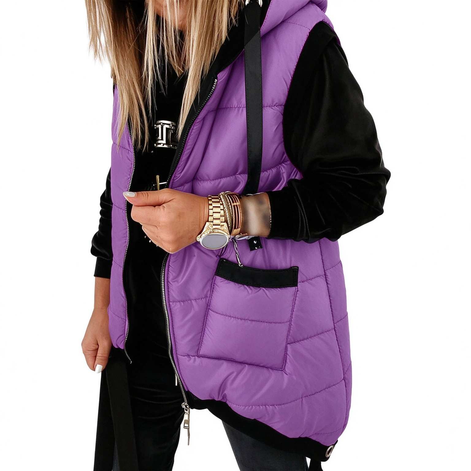 Women's Hooded Outwear Vest Lightweight Zipper Up Padded Gilet With Pockets