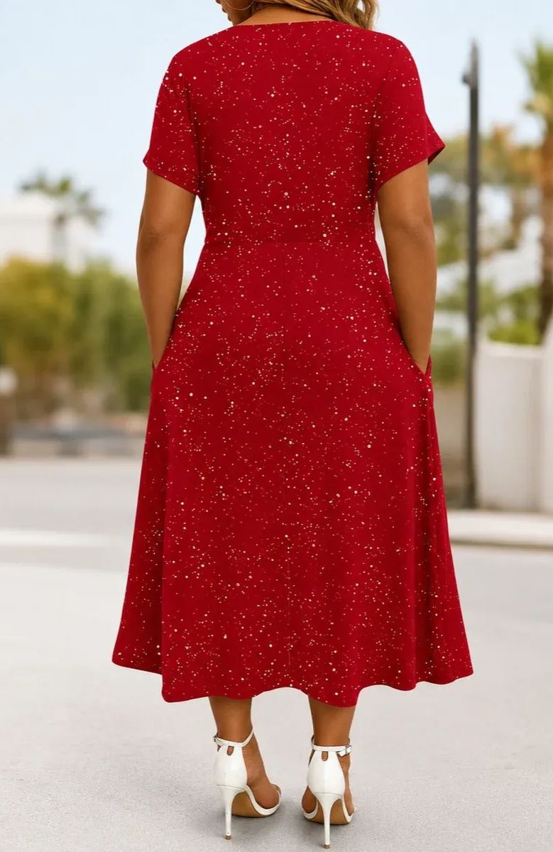 Women's Plus Size Sparkly Maxi Dress Glitter V Neck Ruched Dresses with Pockets
