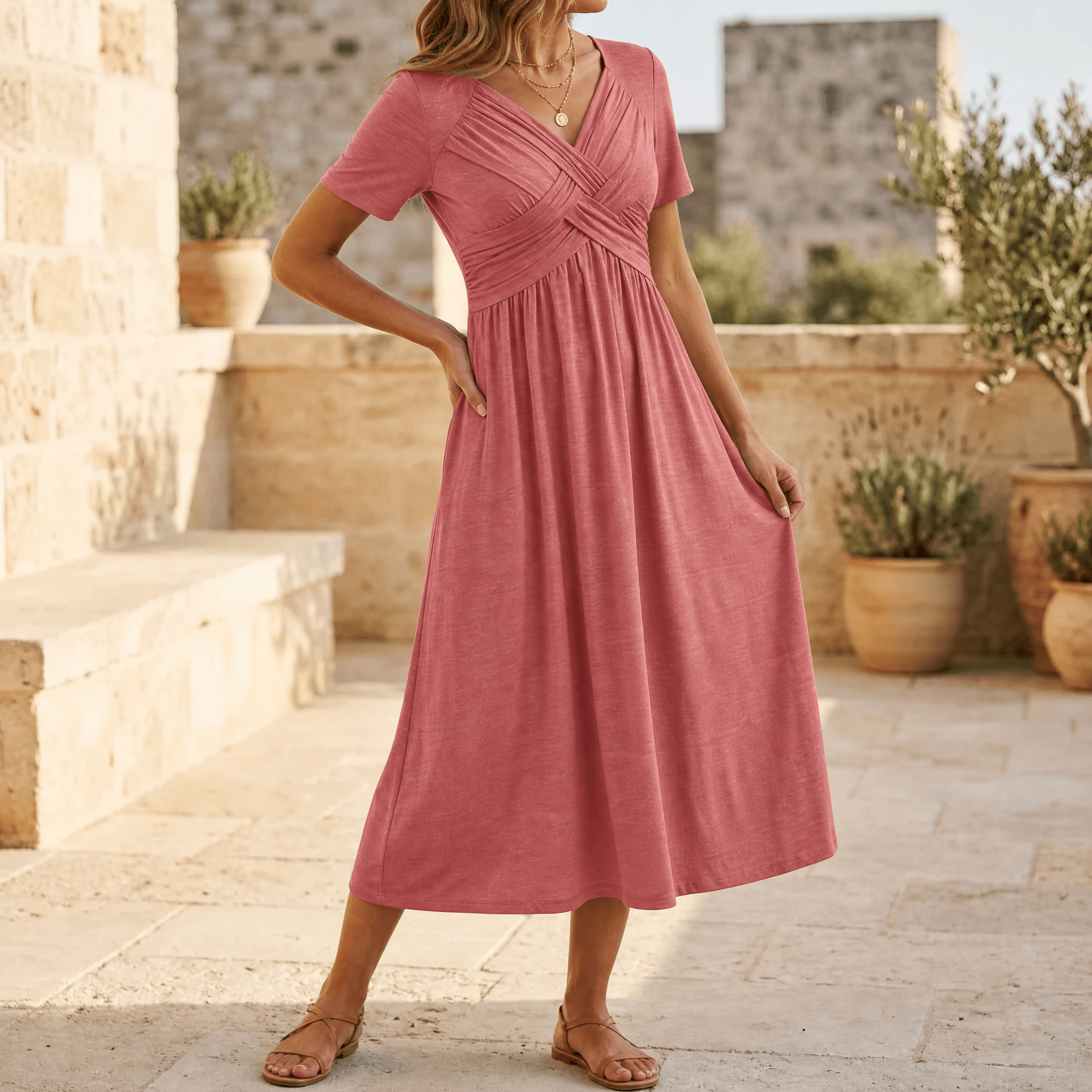Mirbloom – Crossover V-Neck Midi Dress with Pockets