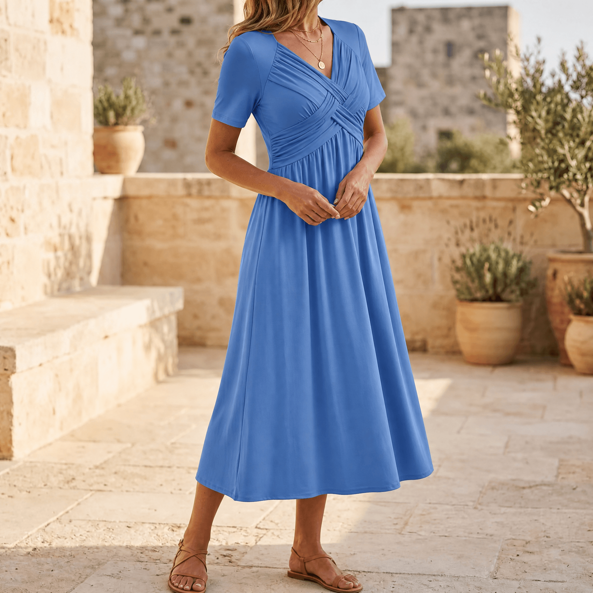 Mirbloom – Crossover V-Neck Midi Dress with Pockets
