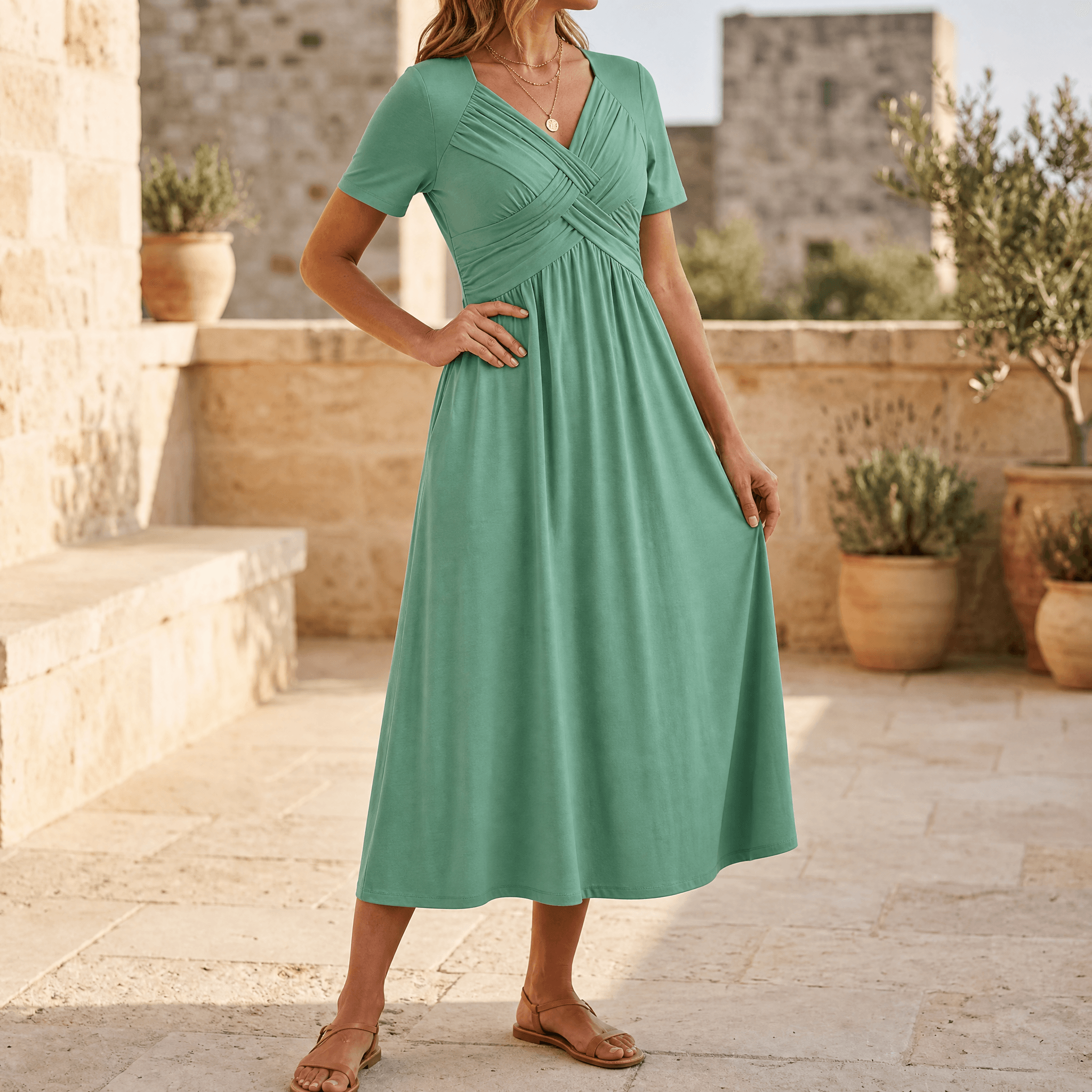Mirbloom – Crossover V-Neck Midi Dress with Pockets