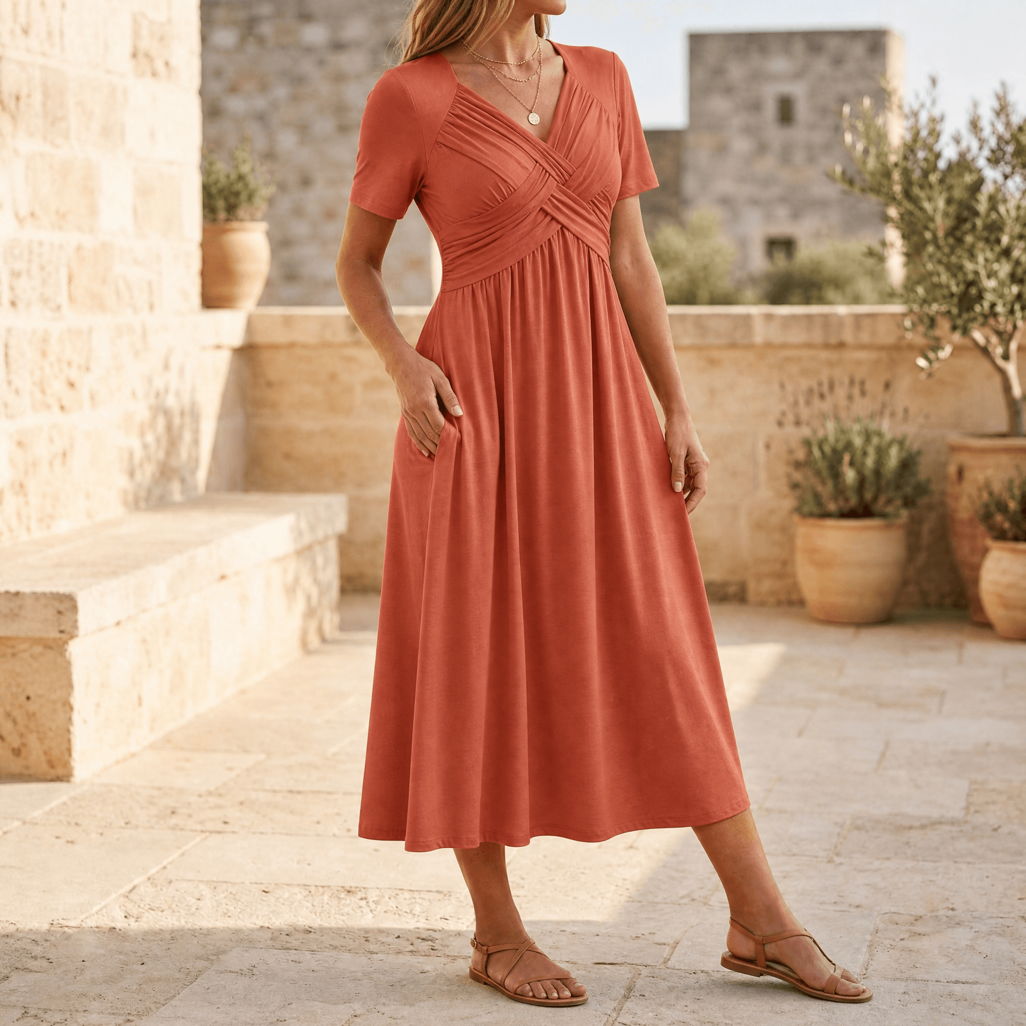 Mirbloom – Crossover V-Neck Midi Dress with Pockets
