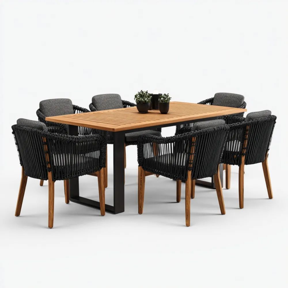 Set tavolo e sedie da esterno in legno e metallo con sedie intrecciate – 180x90x75 cm e 60x60x85 cm – design contemporaneo-vivahomia