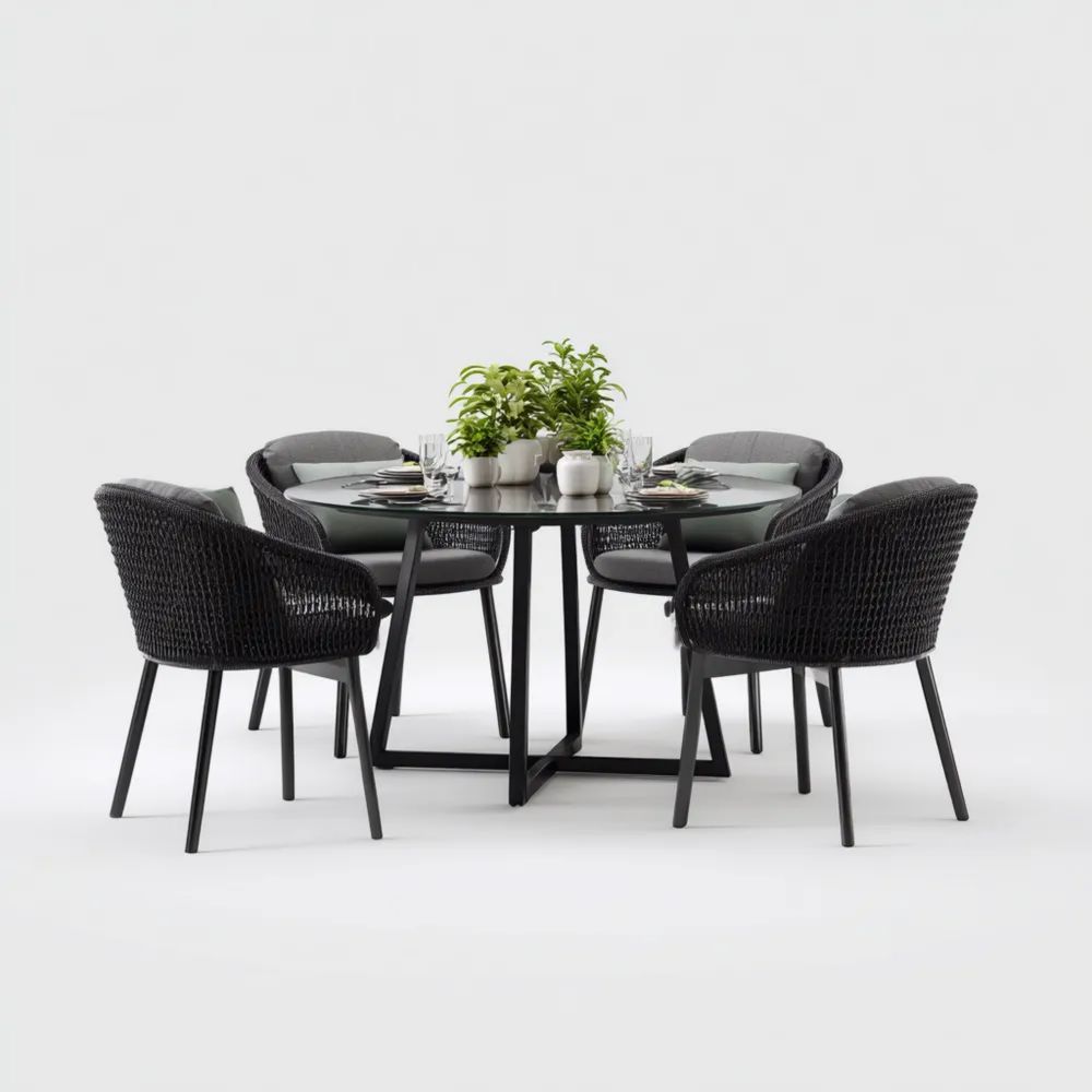 Set Tavolo Rotondo Ø120x75 cm e Sedie 60x60x85 cm da Esterno in Metallo e Rattan - Grigio e Nero - Design Moderno-vivahomia