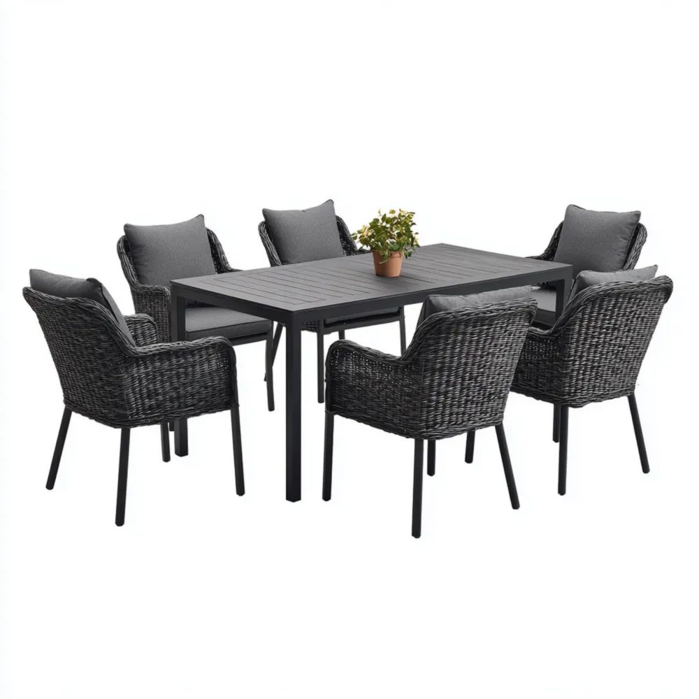 Set tavolo e sedie da esterno in rattan 150x90x75 cm - Grigio - Design moderno-vivahomia