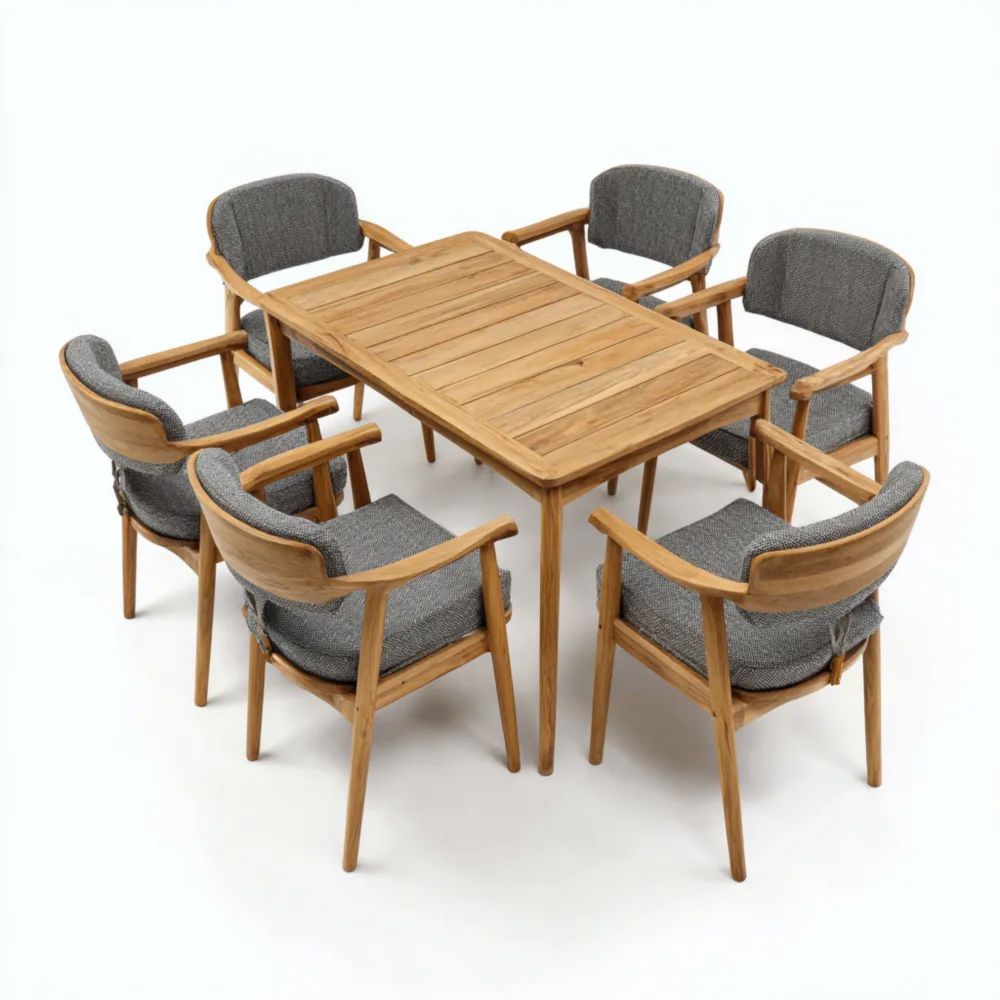 Set tavolo e sedie da esterno in teak 180x90x75 cm con cuscini Grigi-vivahomia