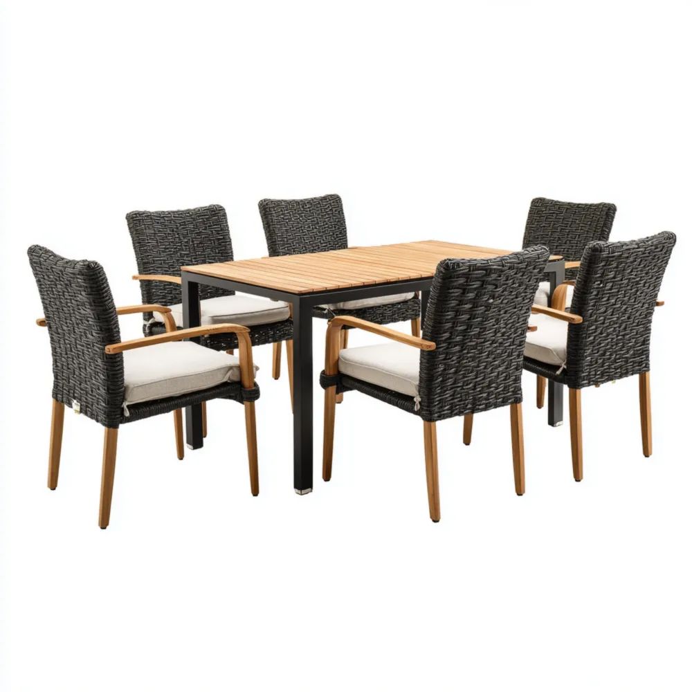 Set tavolo e sedie da esterno in legno e rattan – 150x90x75 cm – Design contemporaneo-vivahomia
