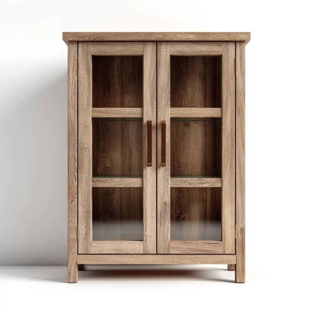 Armadietto in Legno Massello con Ante in Vetro 80x40x120 cm - Naturale - Design Rustico-vivahomia