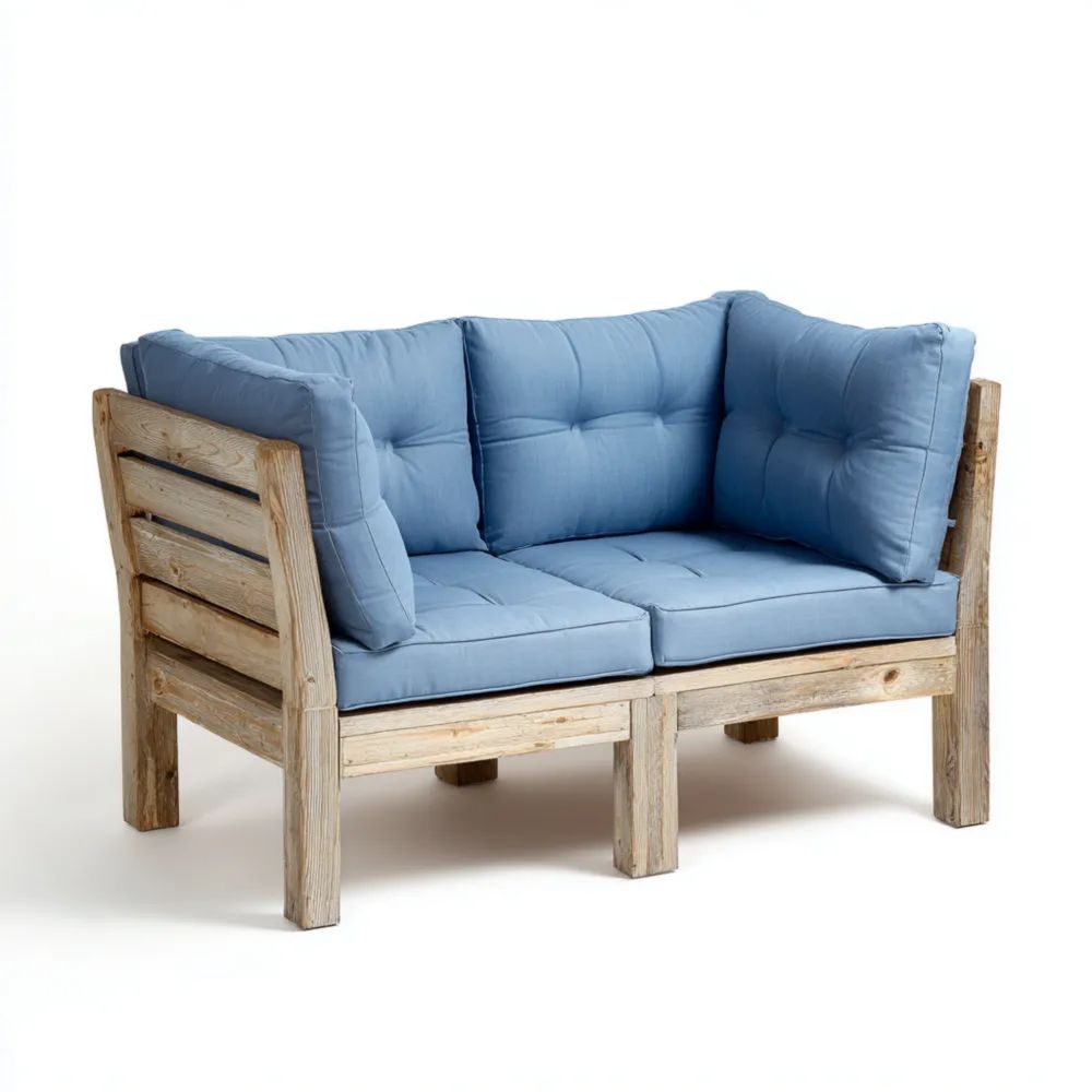Divano a due posti in legno massello imbottito 140x75x80 cm - Blu - Design rustico-novirama