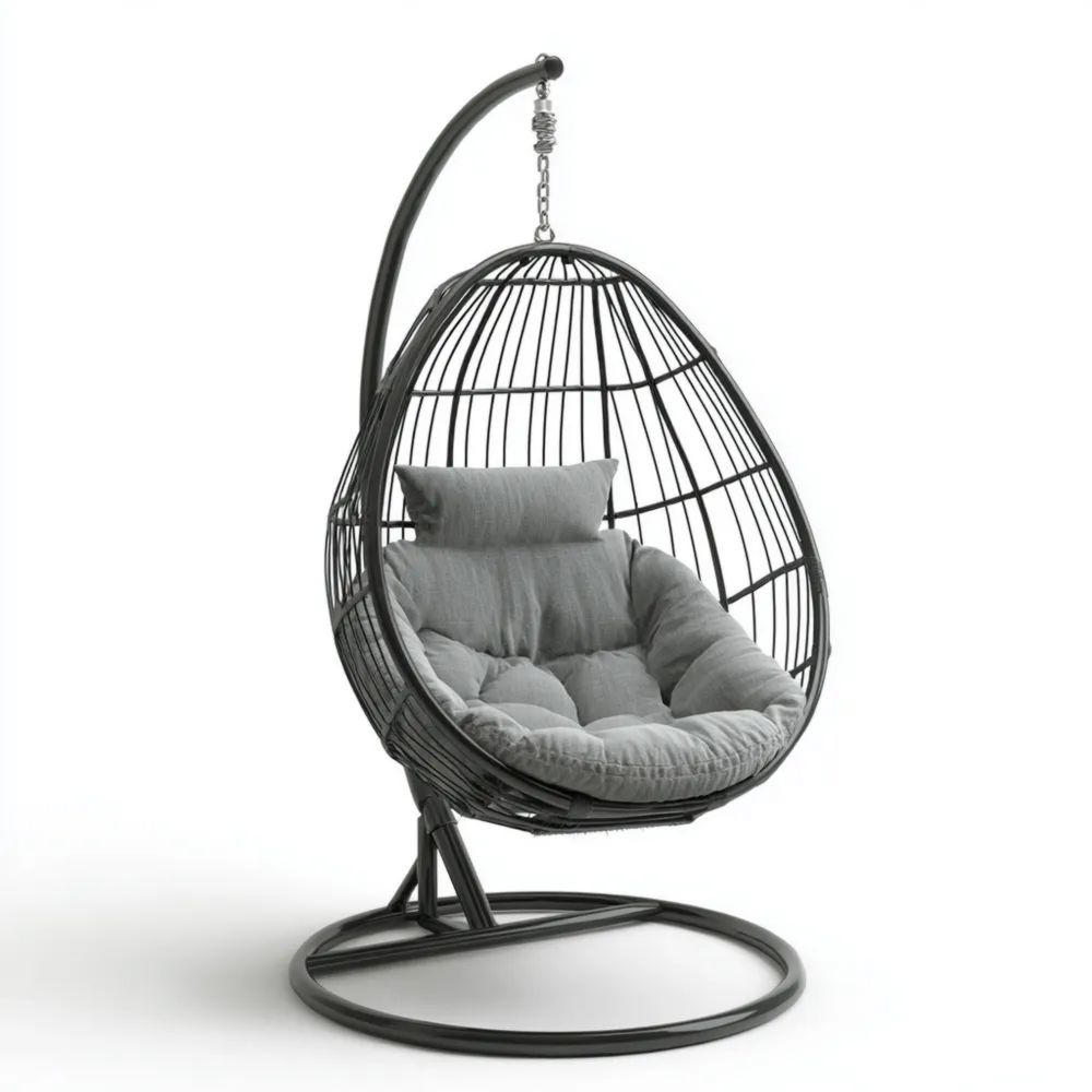 Sedia Sospesa in Rattan 200x95x95 cm con Cuscino Grigio Scuro – Design Moderno-novirama