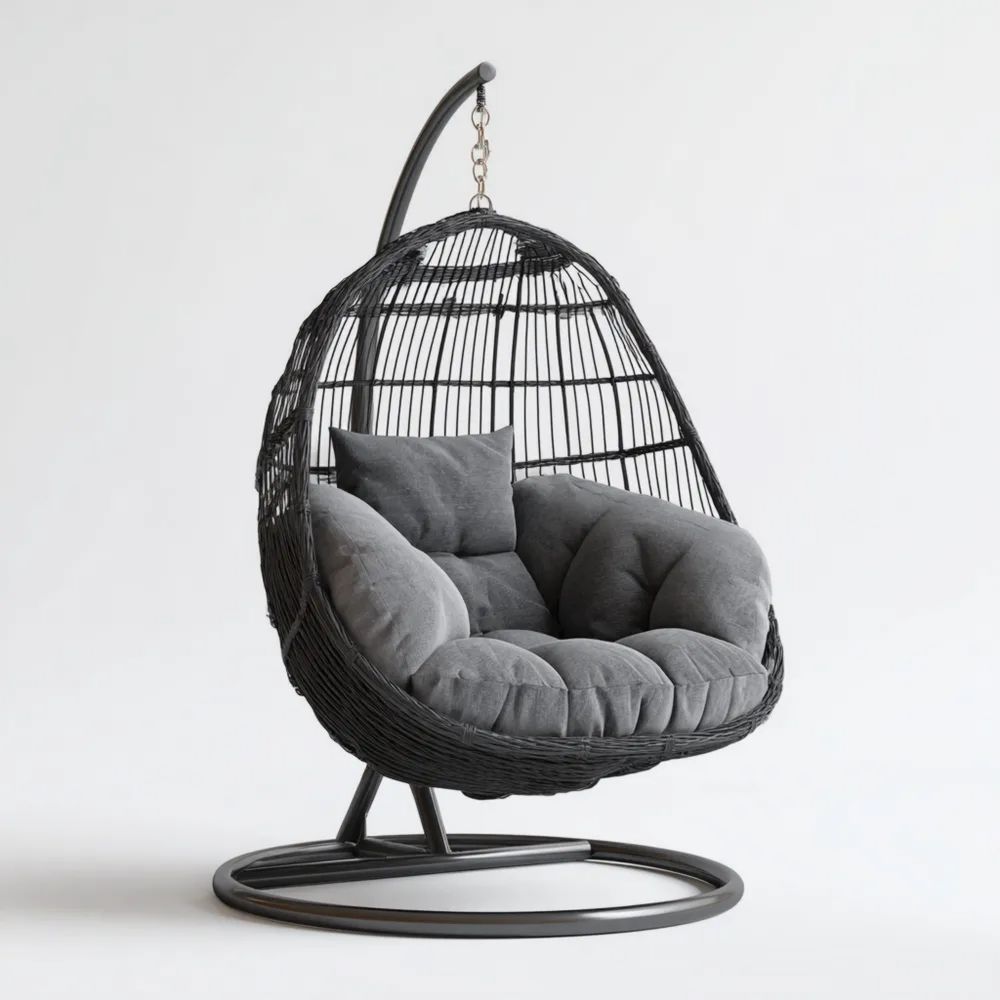 Sedia Sospesa in Rattan 105x95x195 cm con Cuscino Imbottito - Grigio/Nero - Design Moderno-novirama