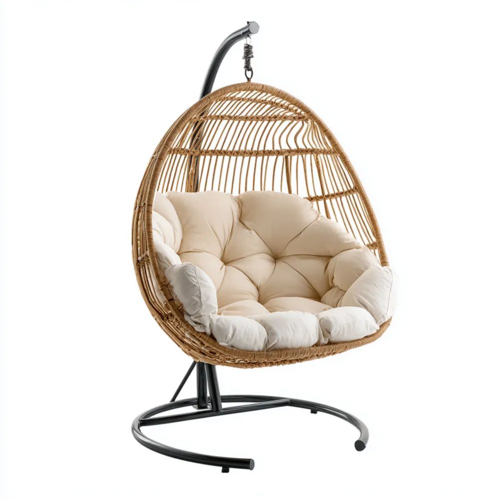 Sedia Sospesa in Rattan 120x105x75 cm con Cuscino Imbottito - Beige - Design Moderno-novirama