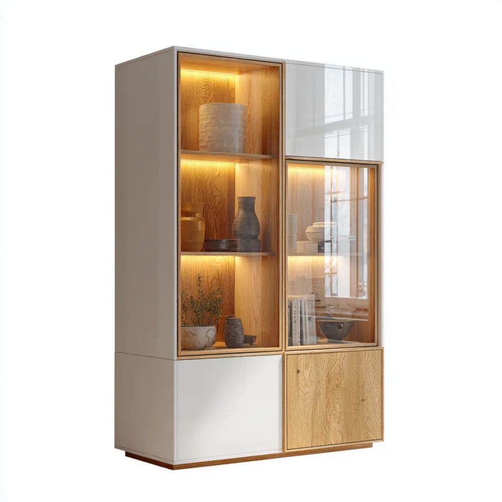 Vetrina in Legno e Vetro 80x40x180 cm - Bianco/Naturale - Design Contemporaneo-novirama