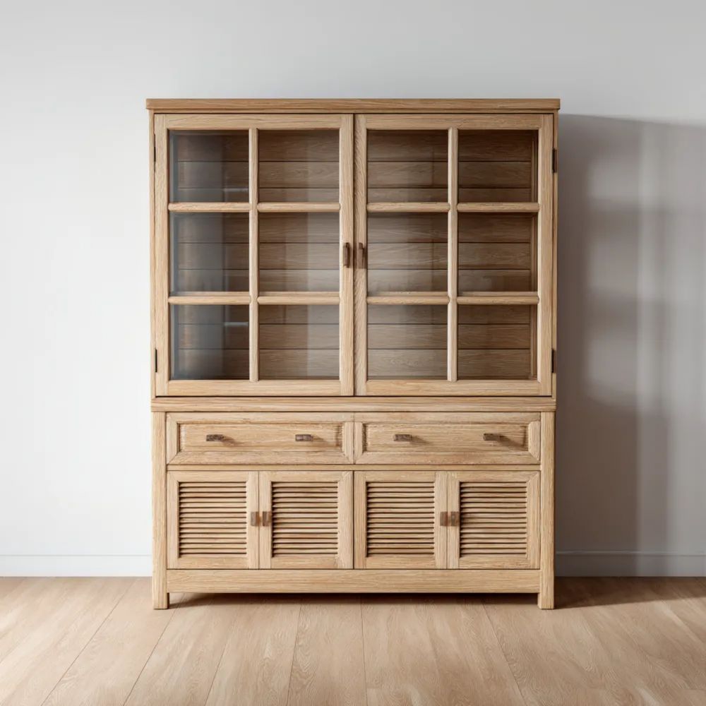 Vetrina in Legno Massello con Ante in Vetro e Ripiani – 180x120x40 cm – Colore Naturale-novirama