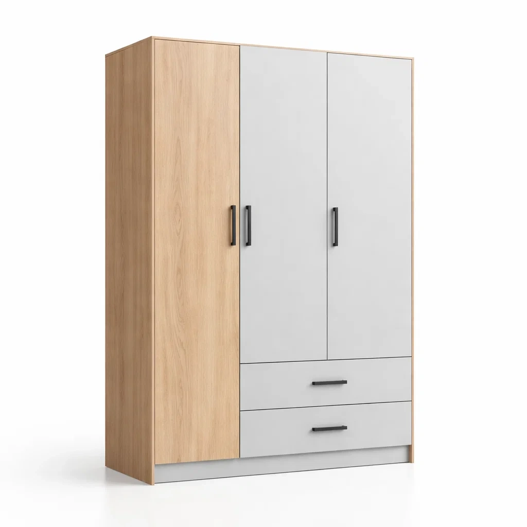 Armadio in legno e metallo grigio chiaro e rovere con 3 ante e 2 cassetti-URBANCOMFORTLIVING