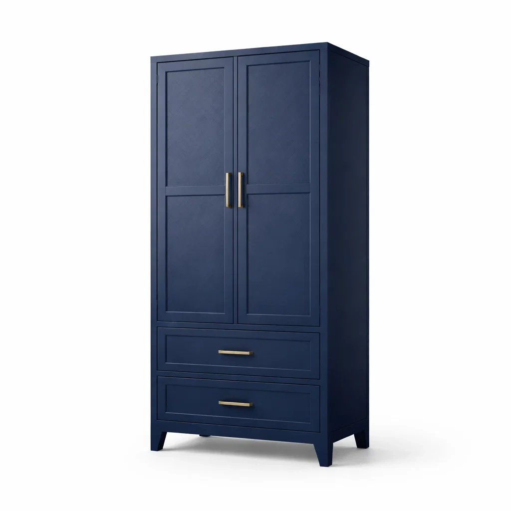 Armadio in legno con cassetti e maniglie in metallo blu-URBANCOMFORTLIVING